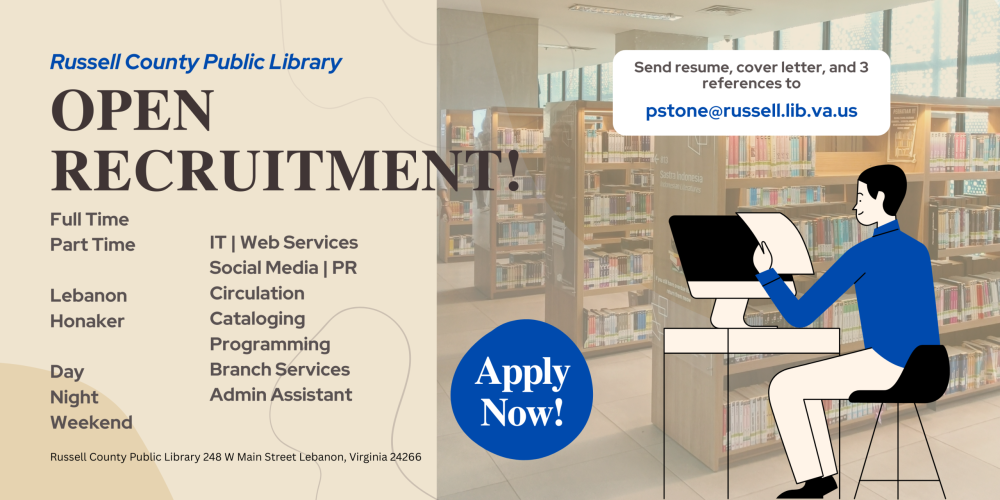 Apply to work at the Russell County Public Library.