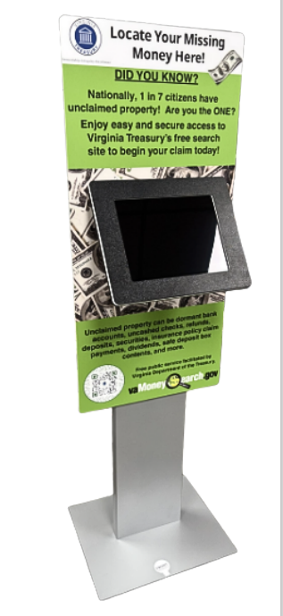 A freestanding kiosk for locating unclaimed money with a display screen and informational text.