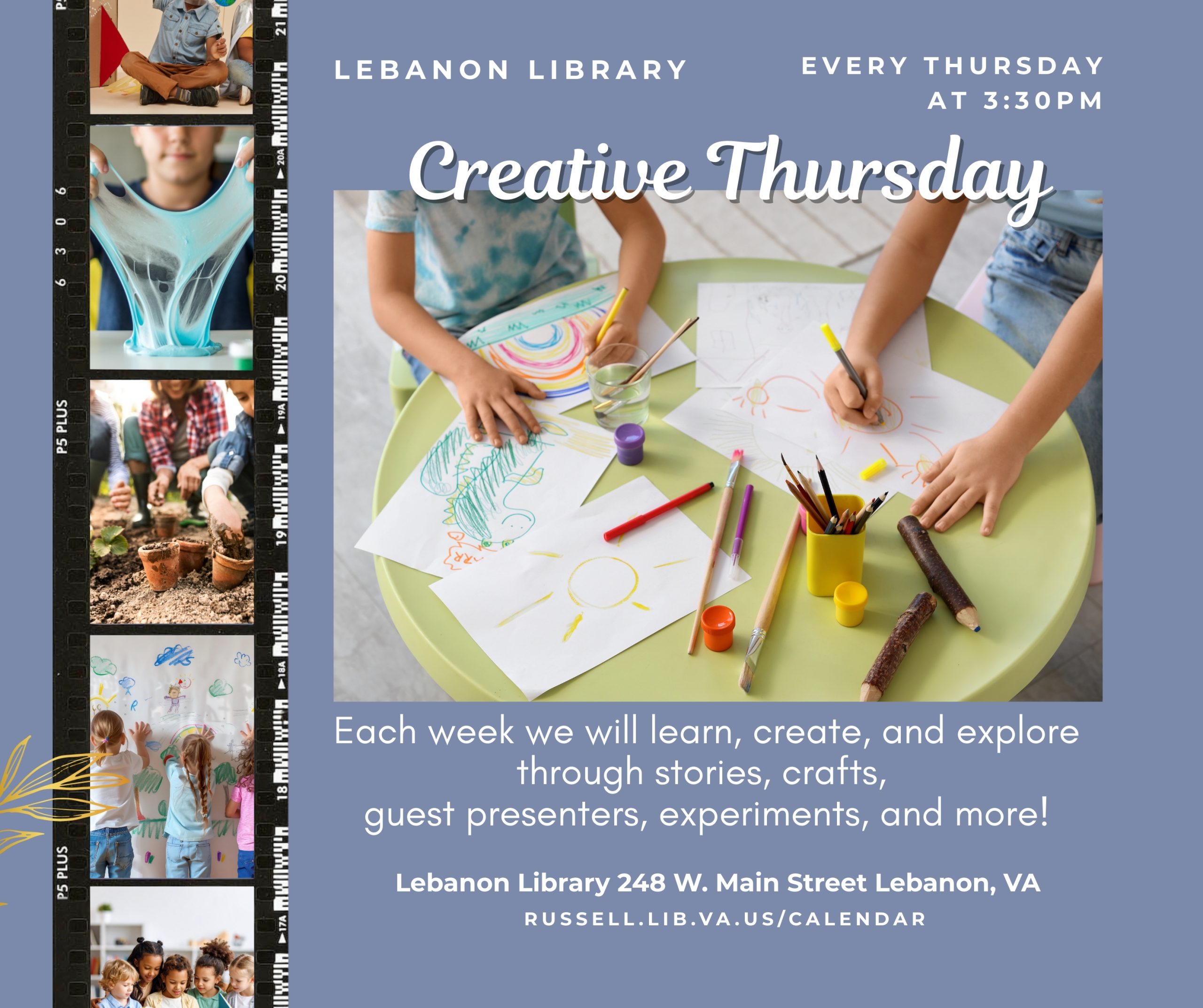Join us at the Lebanon Library every Thursday at 3:30pm for Creative Thursday, where we learn, explore, and create together.