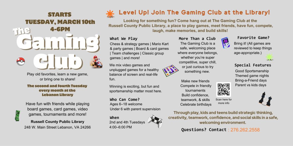 Join the Gaming Club on the second and fourth Tuesdays at the Lebanon Library from 4-6pm to play games.