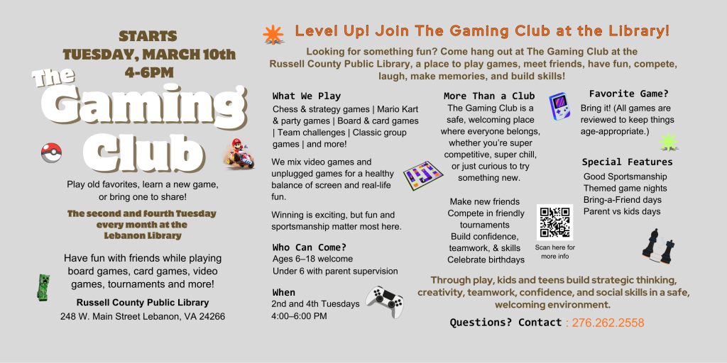 Join The Gaming Club at the Lebanon Library on the second and fourth Tuesdays from 4-6pm to play games. Ages 6-18 welcome. under 6 with parent supervision.