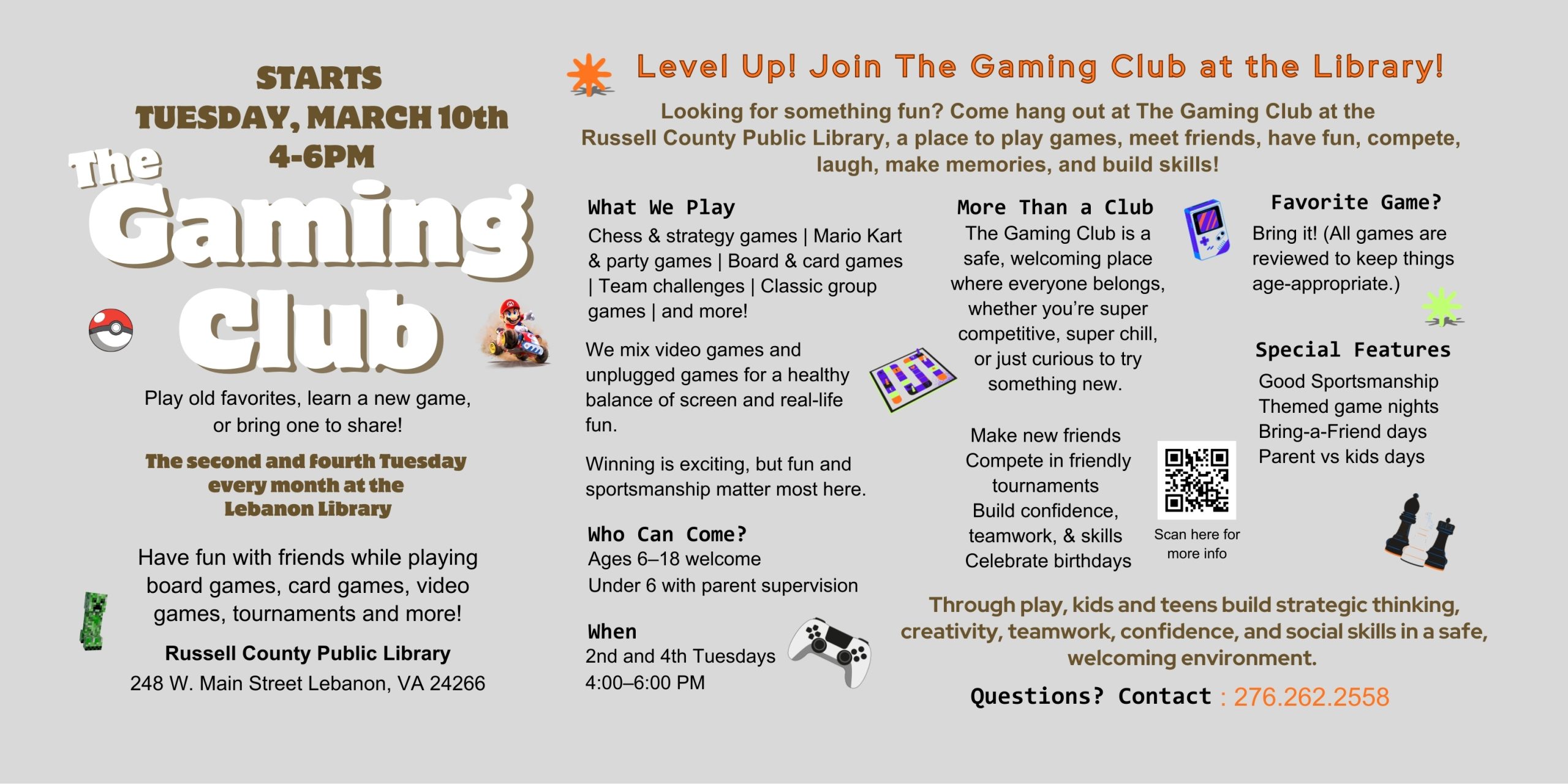 Join the Gaming Club on the second and fourth Tuesdays at the Lebanon Library from 4-6pm to play games.